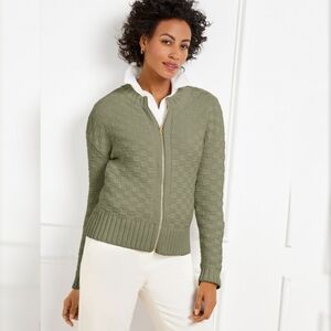 Talbots Texture Stitch Bomber Cardigan Olive Green Sz Med Heavyweight Mature